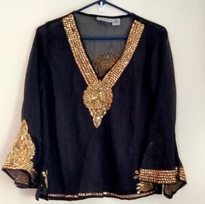 Body Central Blouse Women Large Black and Gold Top Elegant Office Versatile 90s